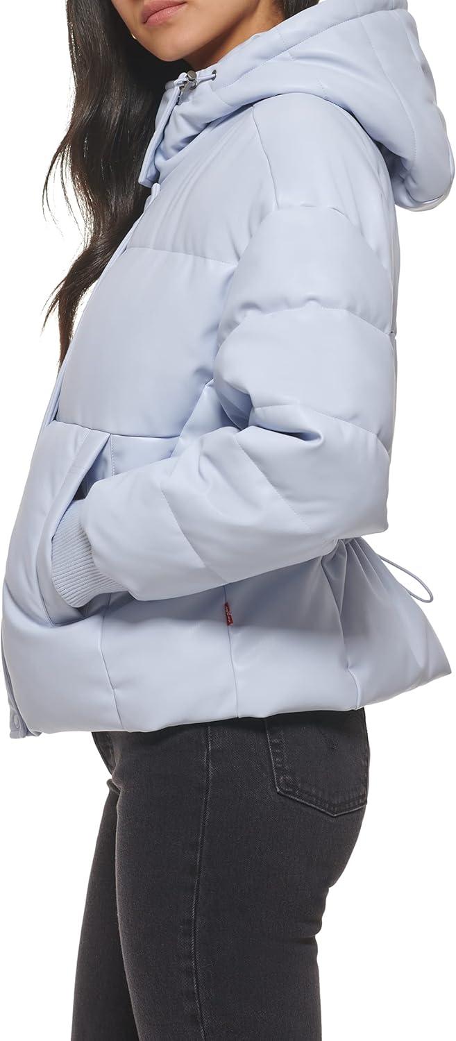 imageLevis womens Cinch Waist Puffer JacketLight Blue Faux Leather With Hood