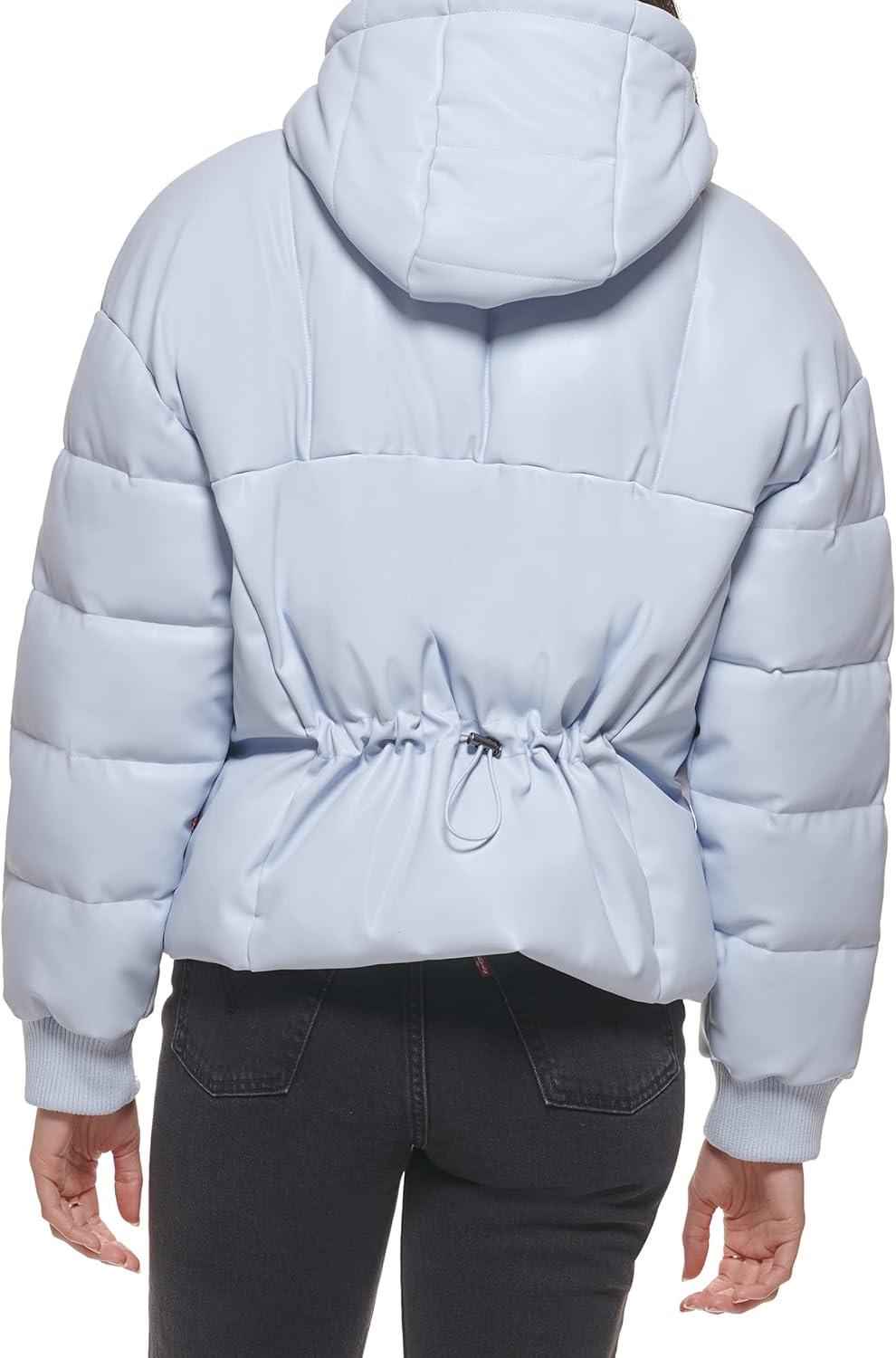 imageLevis womens Cinch Waist Puffer JacketLight Blue Faux Leather With Hood