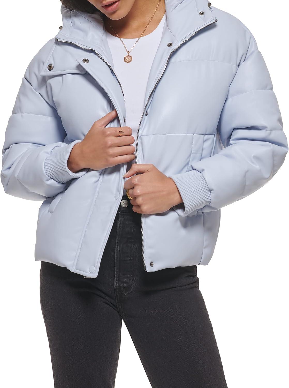 imageLevis womens Cinch Waist Puffer JacketLight Blue Faux Leather With Hood