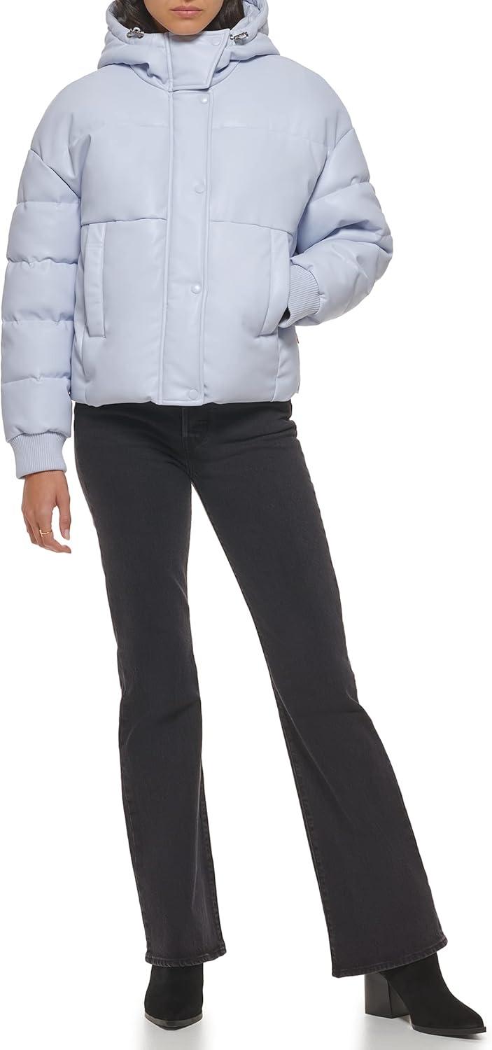 imageLevis womens Cinch Waist Puffer JacketLight Blue Faux Leather With Hood