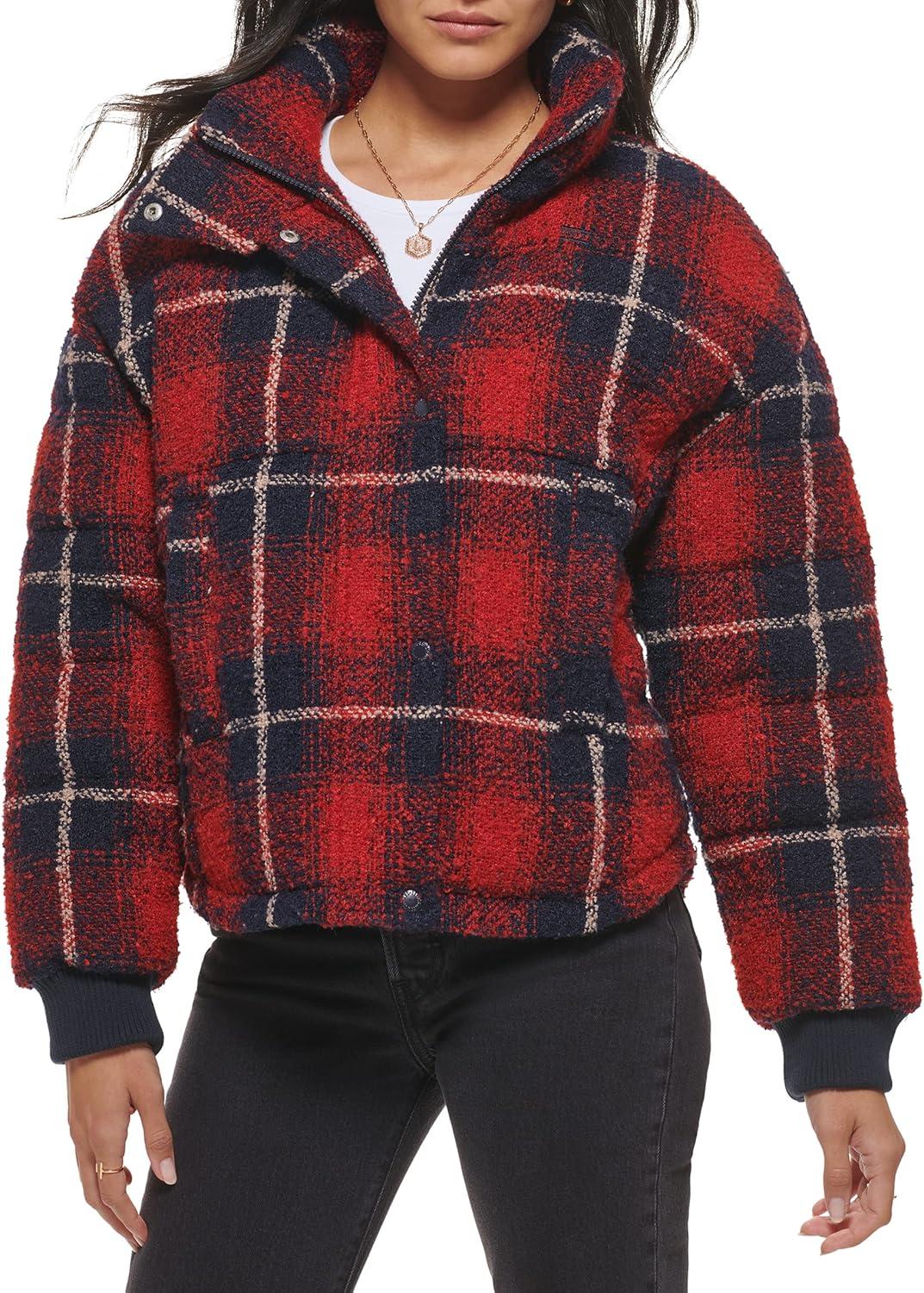 imageLevis womens Cinch Waist Puffer JacketRedNavy Ombre Wool Plaid