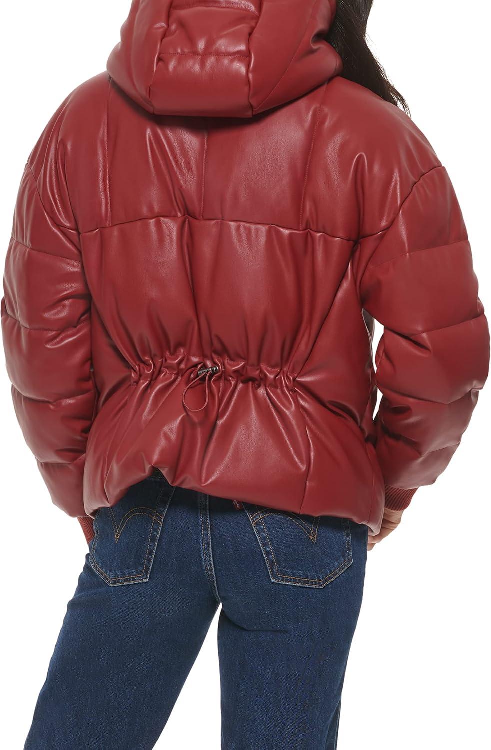 imageLevis womens Cinch Waist Puffer JacketRhubarb Faux Leather With Hood