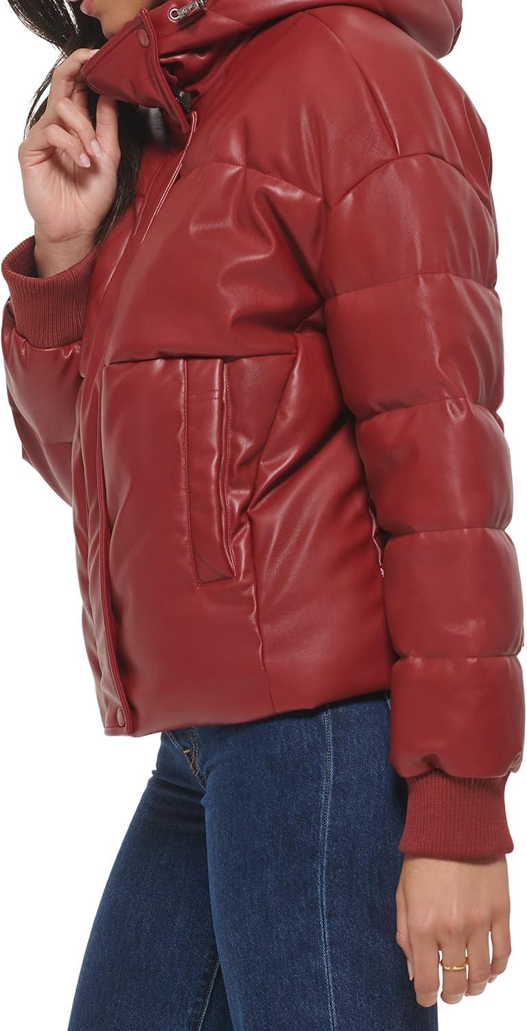 imageLevis womens Cinch Waist Puffer JacketRhubarb Faux Leather With Hood