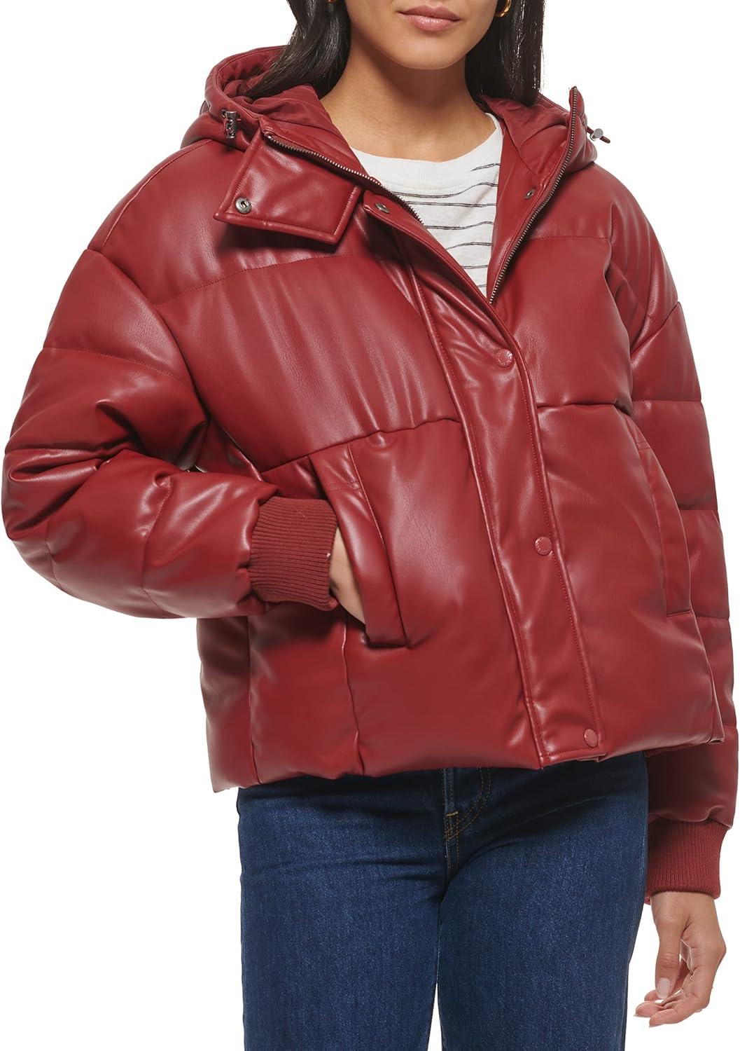 imageLevis womens Cinch Waist Puffer JacketRhubarb Faux Leather With Hood