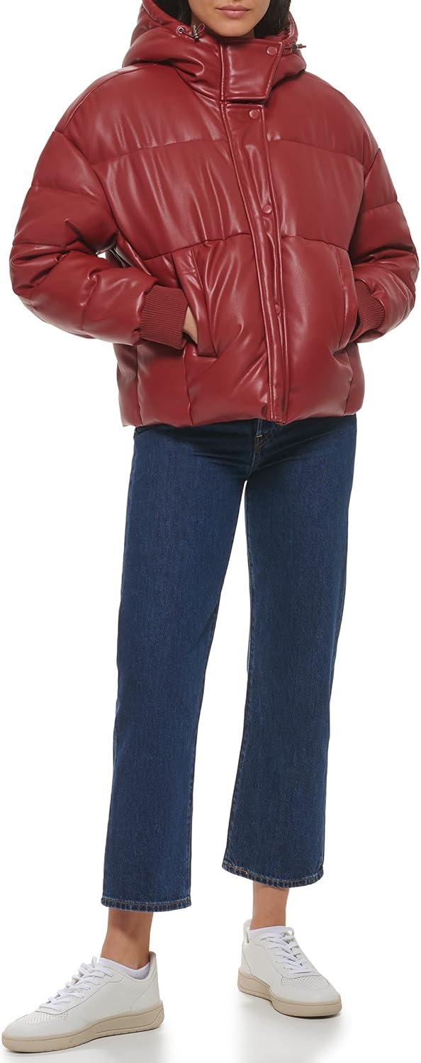 imageLevis womens Cinch Waist Puffer JacketRhubarb Faux Leather With Hood