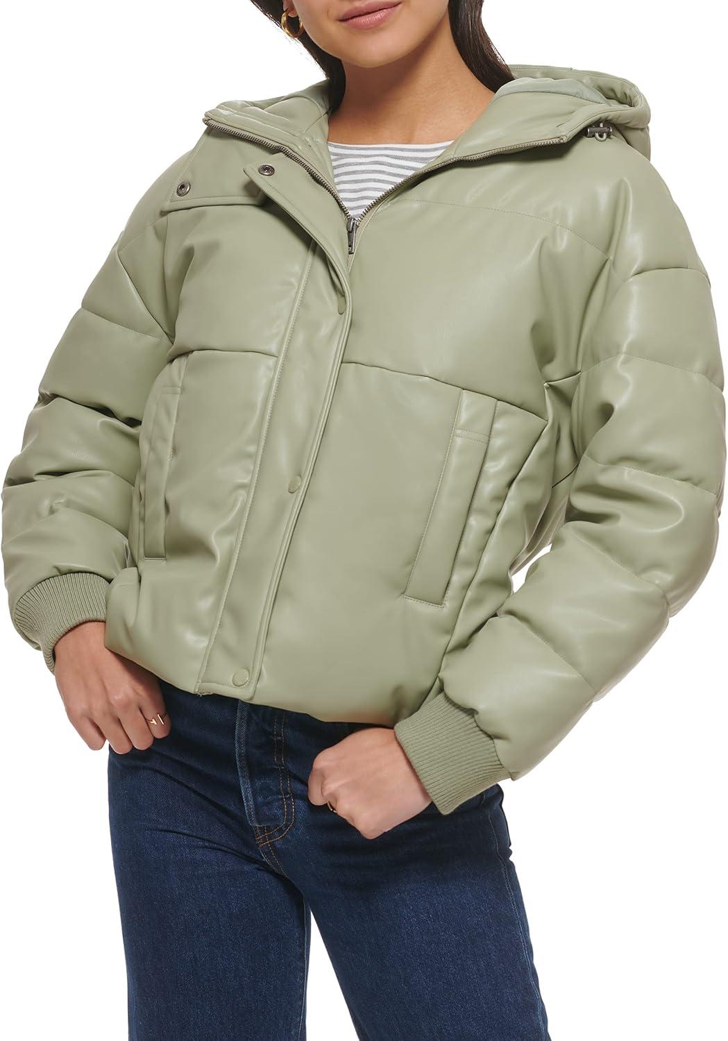 imageLevis womens Cinch Waist Puffer JacketSea Green Faux Leather With Hood
