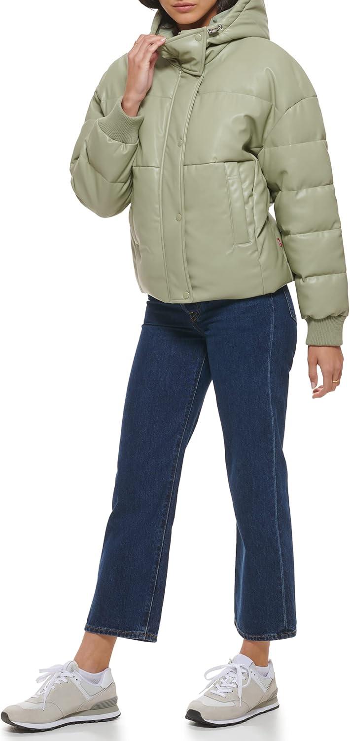imageLevis womens Cinch Waist Puffer JacketSea Green Faux Leather With Hood