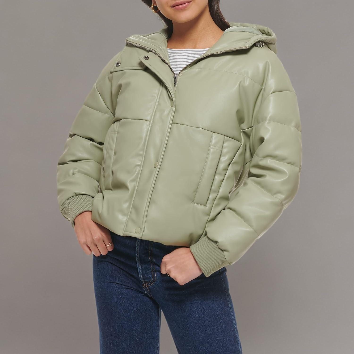 imageLevis womens Cinch Waist Puffer JacketSea Green Faux Leather With Hood