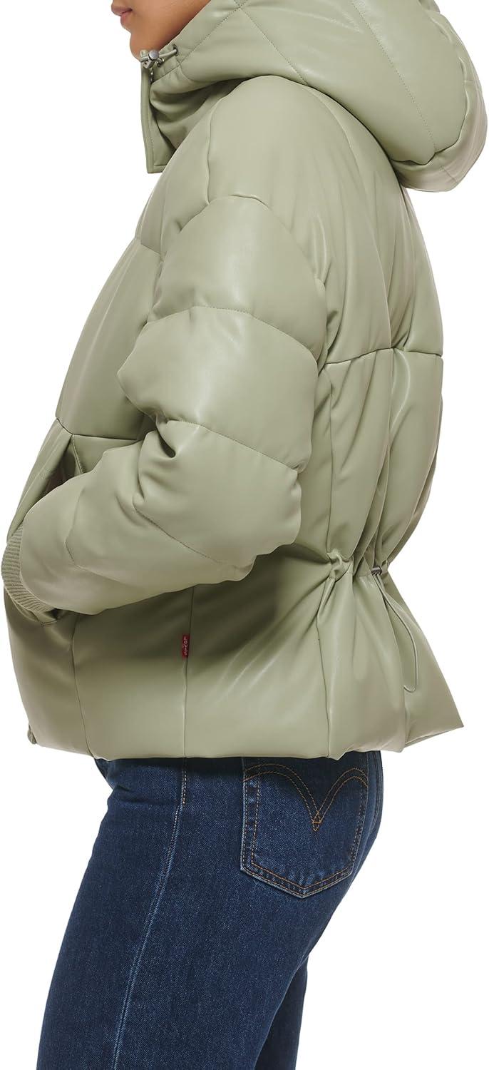 imageLevis womens Cinch Waist Puffer JacketSea Green Faux Leather With Hood