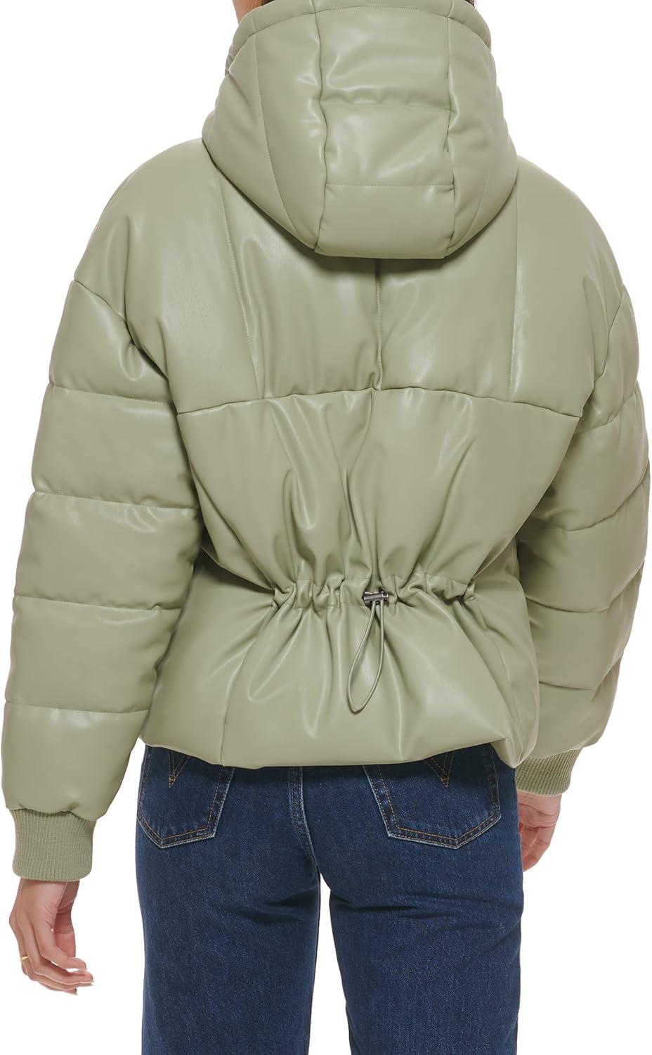 imageLevis womens Cinch Waist Puffer JacketSea Green Faux Leather With Hood