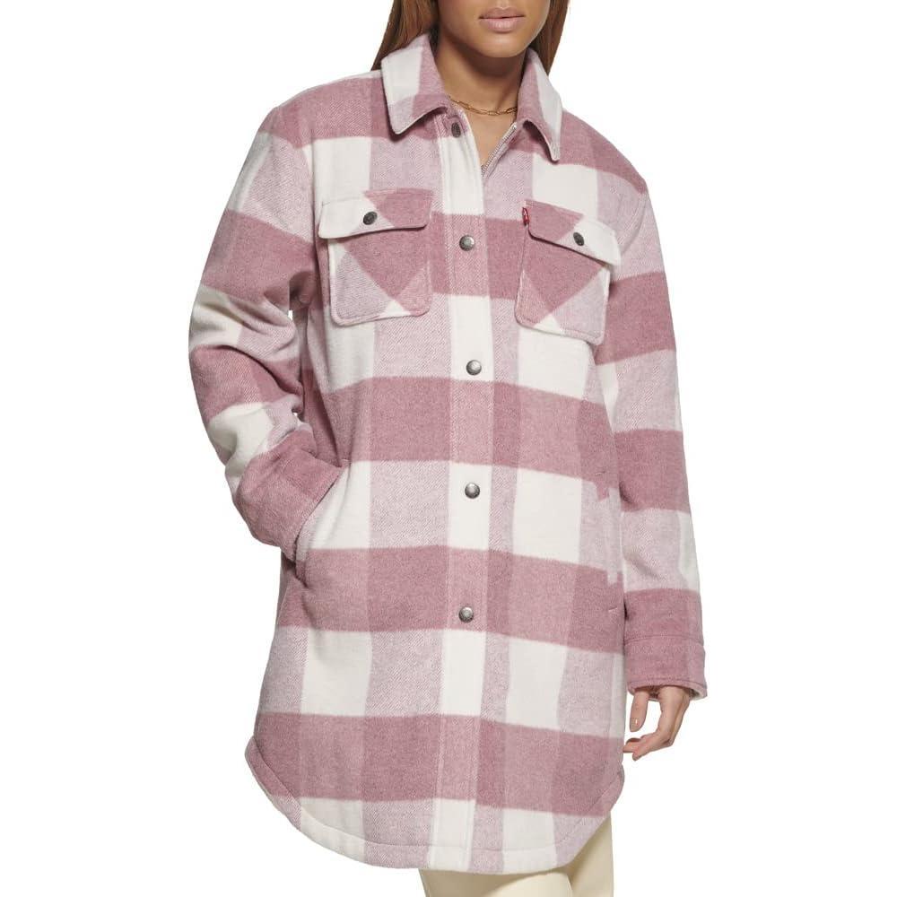 imageLevis Womens Wool Blend Sherpa Lined Long Shacket Standard ampamp Plus SizesMauve Plaid