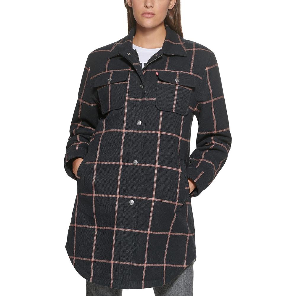 imageLevis Womens Wool Blend Sherpa Lined Long Shacket Standard ampamp Plus SizesNavyPeach Window Plaid