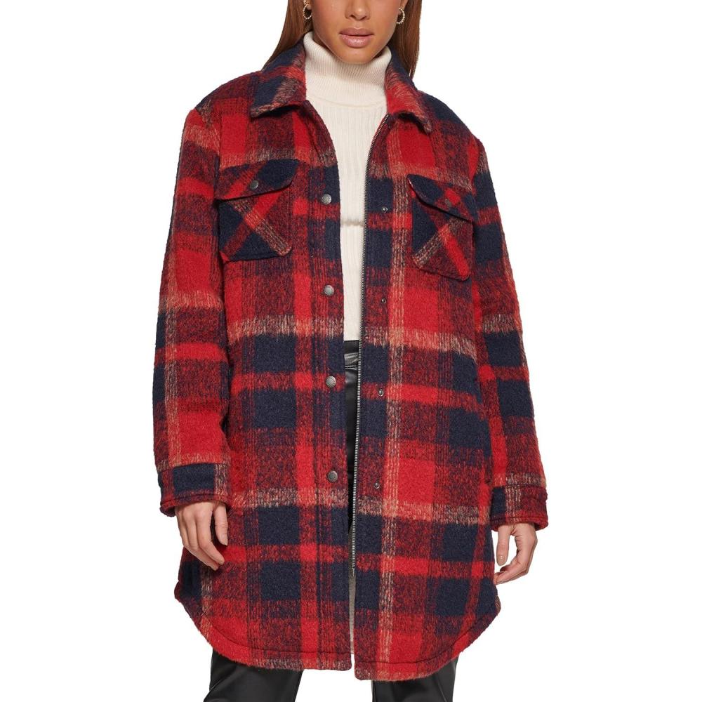 imageLevis Womens Wool Blend Sherpa Lined Long Shacket Standard ampamp Plus SizesNavyRed Plaid