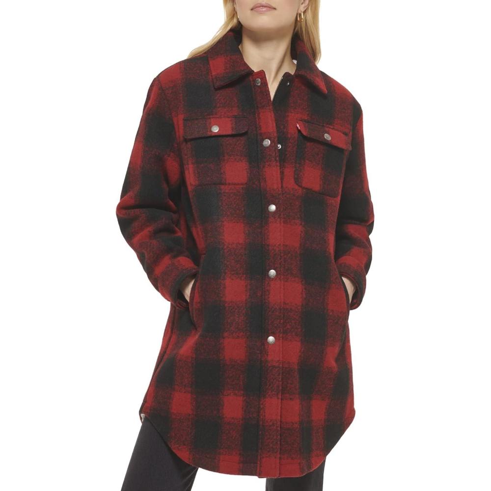 imageLevis Womens Wool Blend Sherpa Lined Long Shacket Standard ampamp Plus SizesRedBlack Plaid