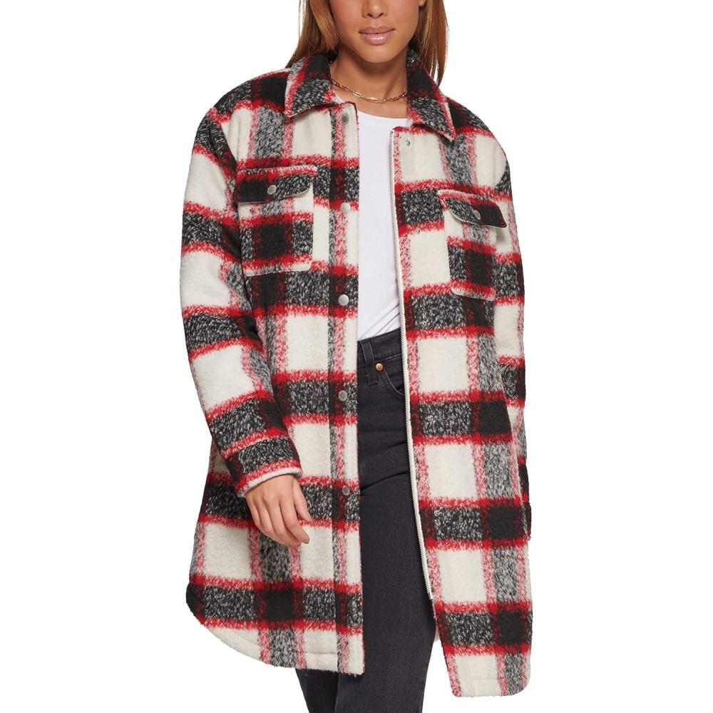 imageLevis Womens Wool Blend Sherpa Lined Long Shacket Standard ampamp Plus SizesRedWhiteBlack Plaid