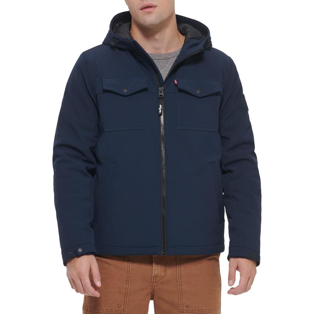 imageLevis mens Soft Shell Two Pocket Hooded Trucker JacketMidnight