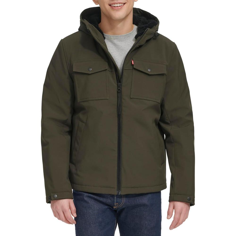 imageLevis mens Soft Shell Two Pocket Hooded Trucker JacketOlive Sherpa