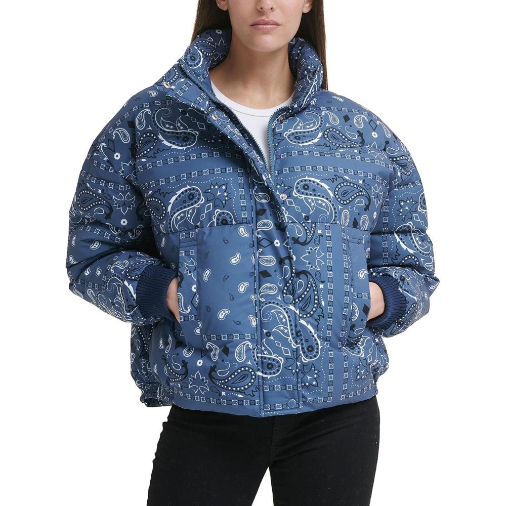 imageLevis womens Cinch Waist Puffer JacketBlue Bandana Print