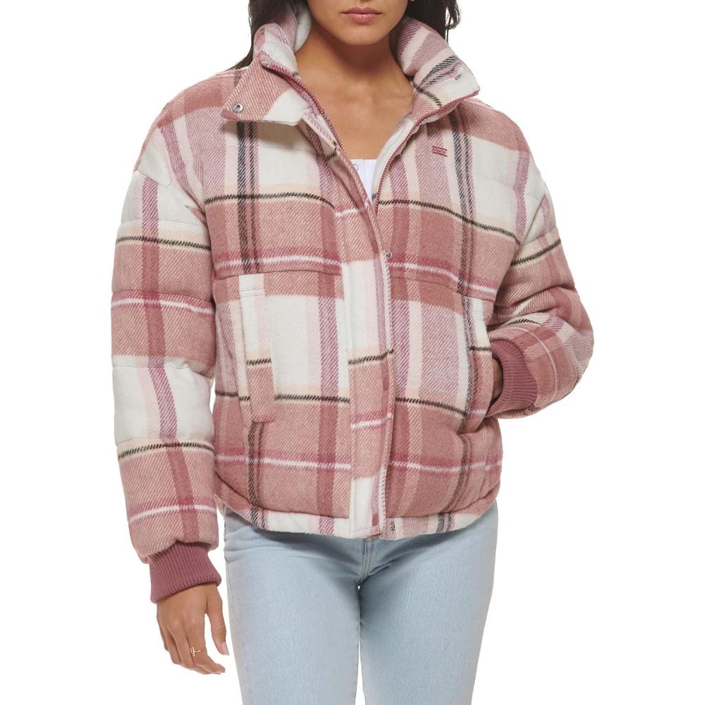 imageLevis womens Cinch Waist Puffer JacketCameo Pink Wool Plaid