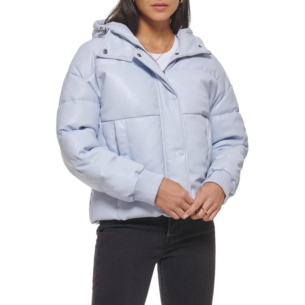 imageLevis womens Cinch Waist Puffer JacketLight Blue Faux Leather With Hood