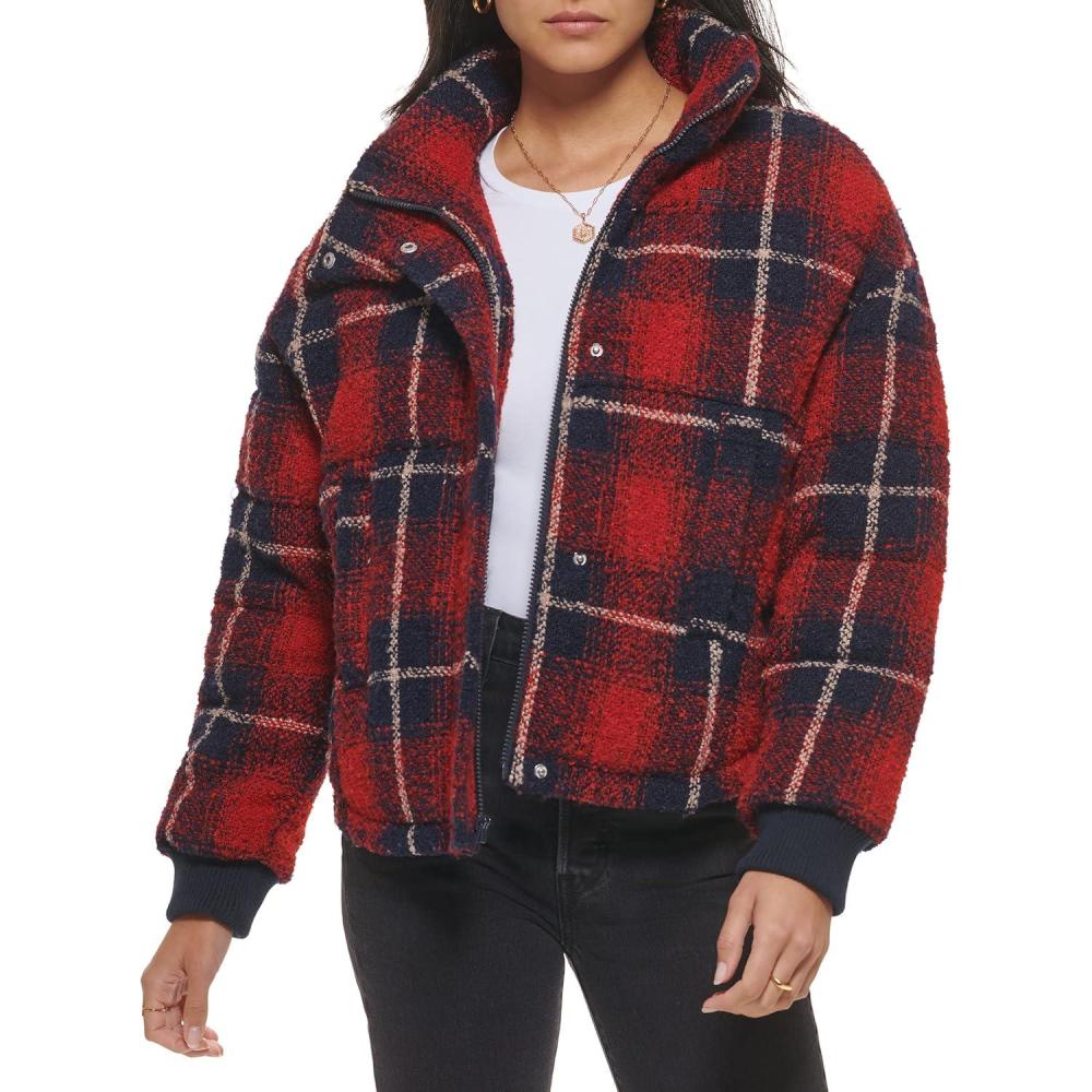imageLevis womens Cinch Waist Puffer JacketRedNavy Ombre Wool Plaid