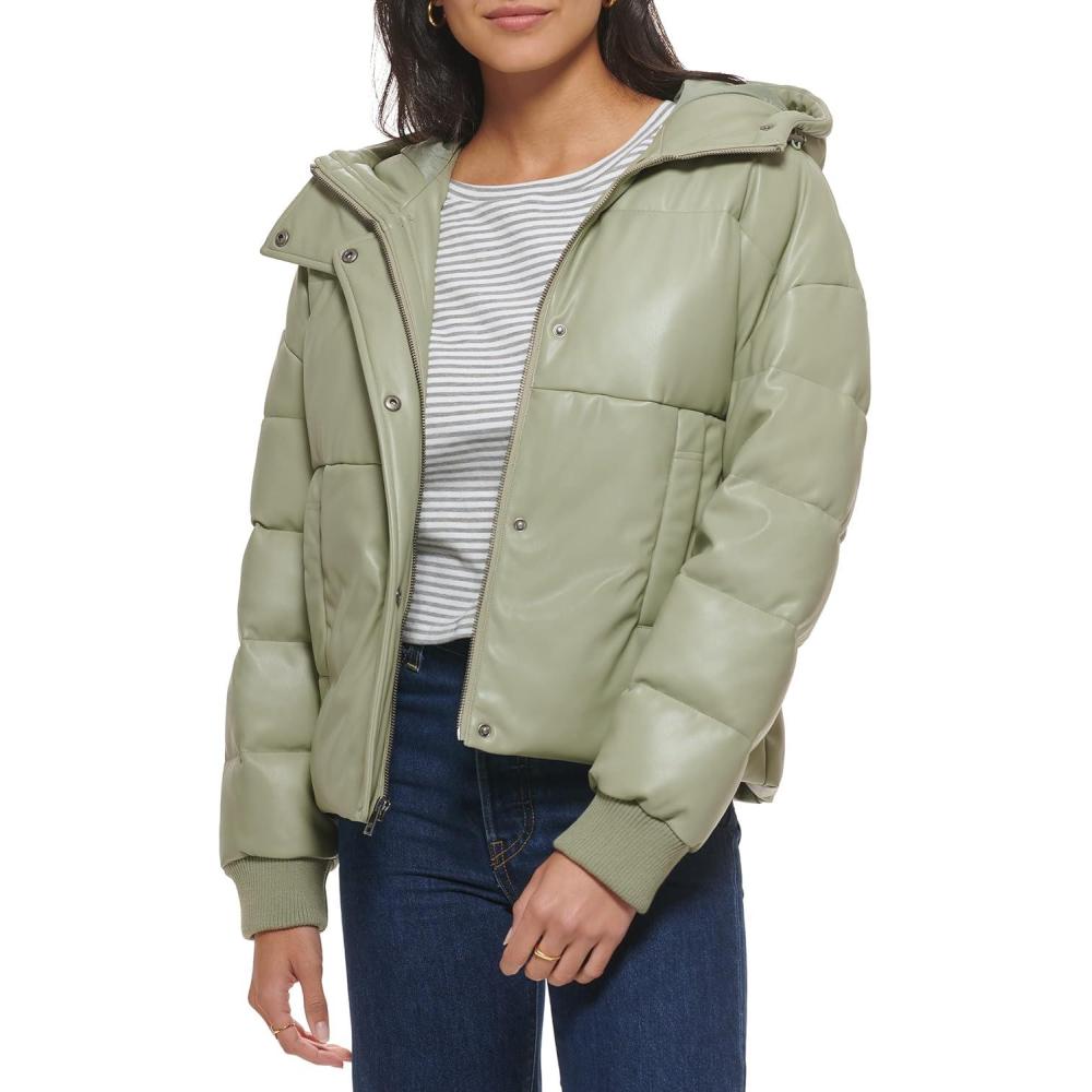 imageLevis womens Cinch Waist Puffer JacketSea Green Faux Leather With Hood