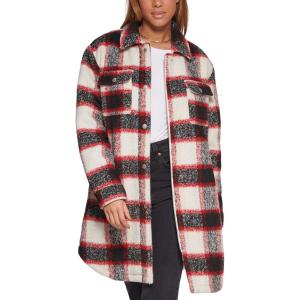 imageLevis Womens Wool Blend Sherpa Lined Long Shacket Standard ampamp Plus SizesRedWhiteBlack Plaid