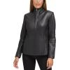 imageCole Haan Womens Fully Lined Wing Collar Leather CoatTrue Black