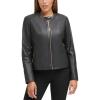 imageCole Haan Womens Zip Front Fully Lined Leather CoatBlack