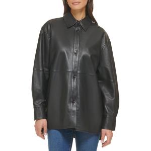 imageCole Haan Womens Shirt Collar Button Up Leather CoatBlack