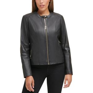 imageCole Haan Womens Zip Front Fully Lined Leather CoatBlack