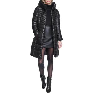 imageKenneth Cole womens Mid Length Mixed Quilted Puffer With Faux Fur Trimmed HoodBlack