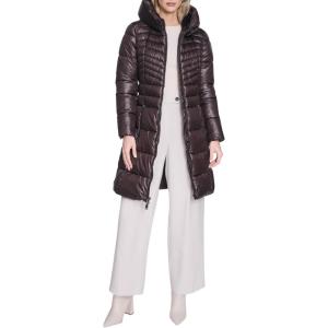 imageKenneth Cole womens Mid Length Mixed Quilted Puffer With Faux Fur Trimmed HoodChocolate