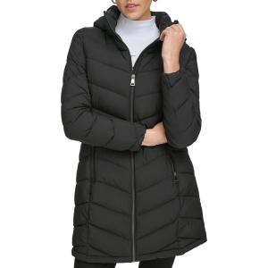 imageCalvin Klein Womens Classic Hooded Zip Front Puffer CoatLightweight Chevron Ebony