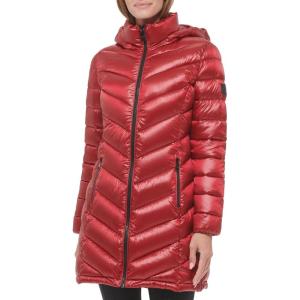 imageCalvin Klein Womens Long Chevron Puffer JacketQuilted Pearlized Crimson