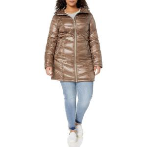 imageCalvin Klein womens Hooded Chevron Packable Down Jacket Standard and PlusHooded Glossy Shine Taupe