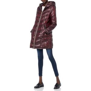 imageCalvin Klein womens Hooded Chevron Packable Down Jacket Standard and PlusHooded Glossy Shine Wine