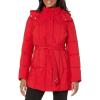 imageTOMMY HILFIGER womens Solid Long Puffer Hooded Self Tie Belt JacketGeometric Belted Crimson