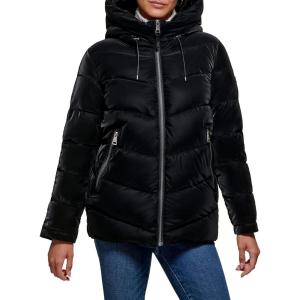 imageDKNY womens Faux Fur Trim Hood Down Puffer CoatDeep Black