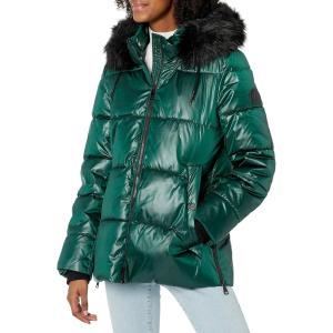 imageDKNY womens Faux Fur Trim Hood Down Puffer CoatForest Green Short Puffer With Faux Fur Hood