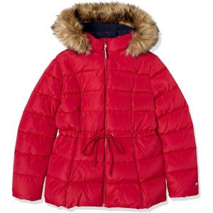 imageTOMMY HILFIGER womens Fur Hood Zip Up Short Puffer JacketCrimson Red Yellow