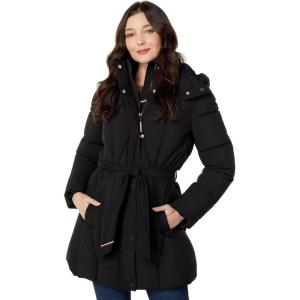 imageTOMMY HILFIGER womens Solid Long Puffer Hooded Self Tie Belt JacketGeometric Belted Black