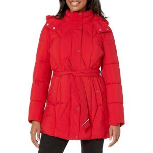 imageTOMMY HILFIGER womens Solid Long Puffer Hooded Self Tie Belt JacketGeometric Belted Crimson