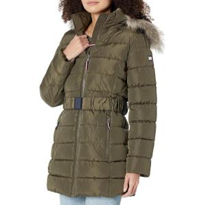 image:imageTommy Hilfiger Womens Fur Long Puffer Hooded Belt JacketJuniper
