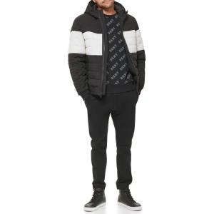 image:imageDKNY Mens Quilted Performance Hooded Bomber JacketBlack White Stripe Stretch