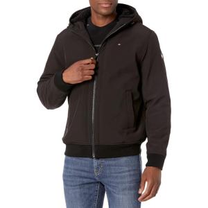image:imageTommy Hilfiger Mens Soft Shell Fashion Bomber With Contrast Bib and HoodBlack Sherpa Lined W Patch