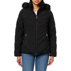 image:imageWomens Short Puffer Jacket With Removable Faux Fur Trimmed HoodBlack