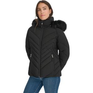 image:imageWomens Short Puffer Jacket With Removable Faux Fur Trimmed HoodBlack Multi