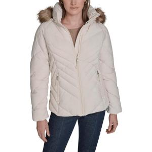 image:imageWomens Short Puffer Jacket With Removable Faux Fur Trimmed HoodWhite Sand