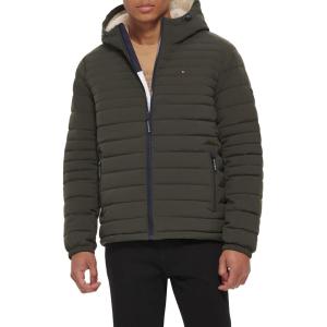 image:imageTommy Hilfiger Mens Stretch Poly Hooded Packable Jacket With Sherpa LiningOlive